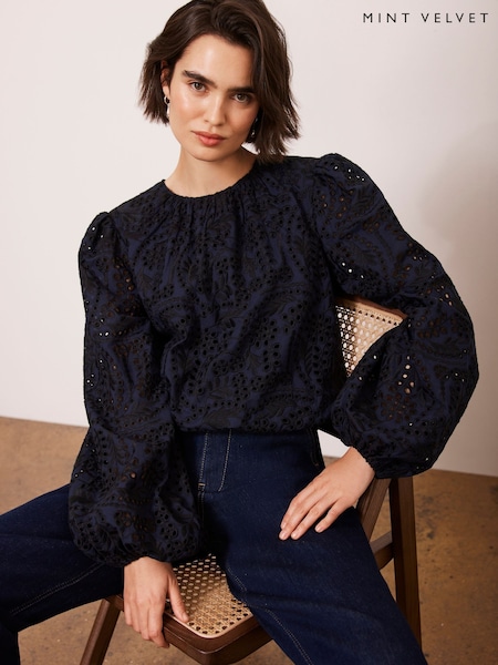 Mint Velvet Blue 100% Cotton Broderie Cropped Top (F20163) | £89