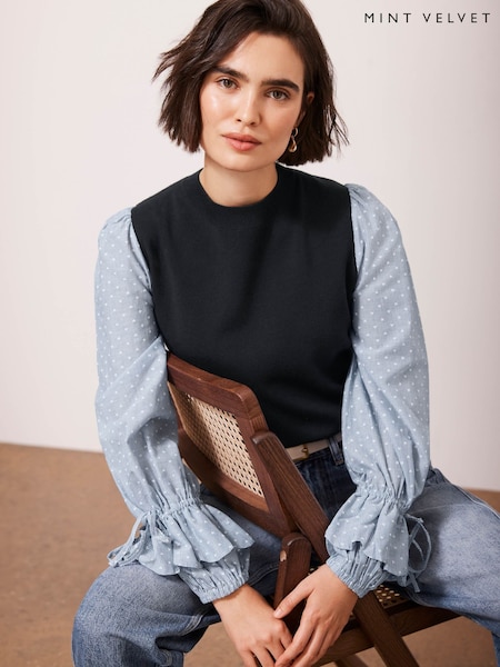Mint Velvet Blue Woven Stripe Sleeve Top (F20167) | £89