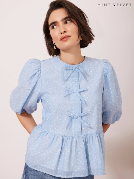 Mint Velvet Blue 100% Cotton Striped Puff Sleeve Top (F20177) | £89