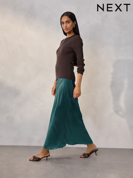 Teal Blue Satin Midi Skirt (F20269) | £32