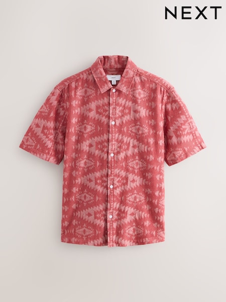 Red 100% Cotton Navajo Style Textured Short Sleeve Shirt (F20300) | £0