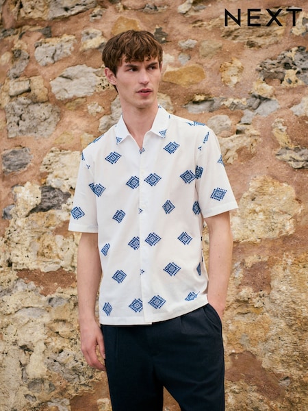 Ecru Embroidered Pattern Short Sleeve Shirt (F20307) | £35
