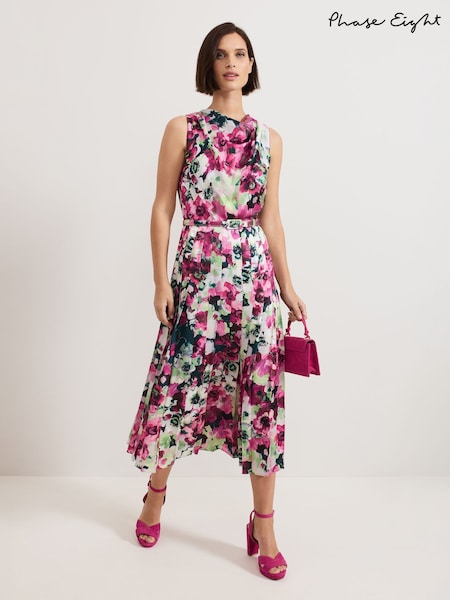 Phase Eight Natural Janina Floral Print Pleat Midi Dress (F20323) | £179