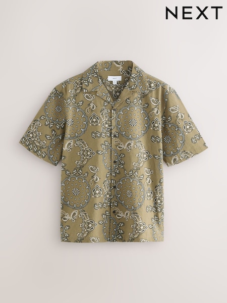 Khaki Green 100% Cotton Printed Short Sleeve Shirt (F20351) | £30