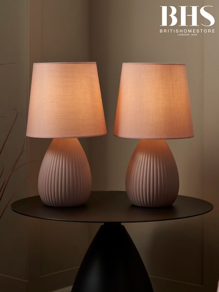 BHS Set of 2 Dusky Pink Teardrop Ceramic Table Lamp (F20495) | £35