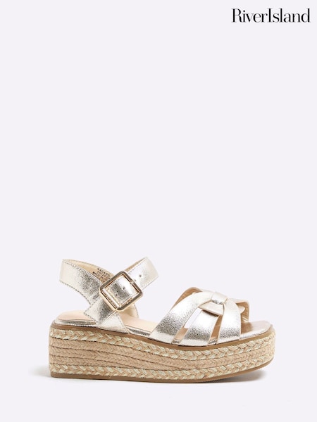 River Island Gold Girls Faux Leather Weave Wedge Sandals (F20557) | £26