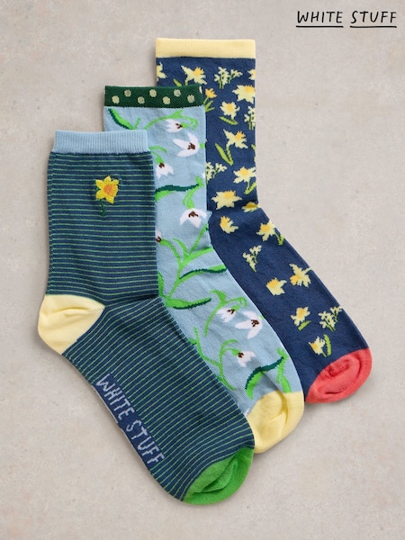 White Stuff Blue Spring Floral Ankle Socks 3 Pack (F20605) | £15