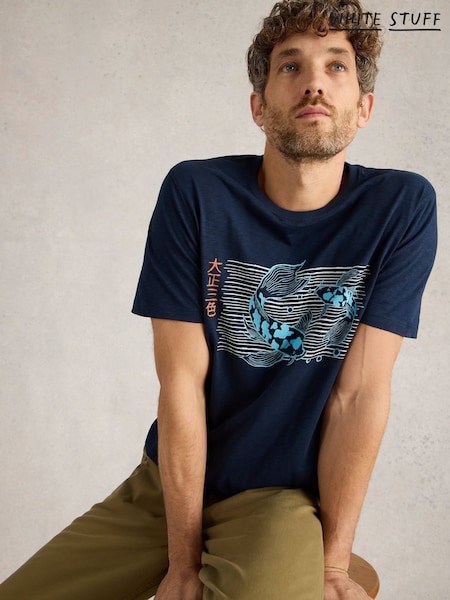 White Stuff Blue Koi Fish Graphic 100% Cotton T-Shirt (F20606) | £28