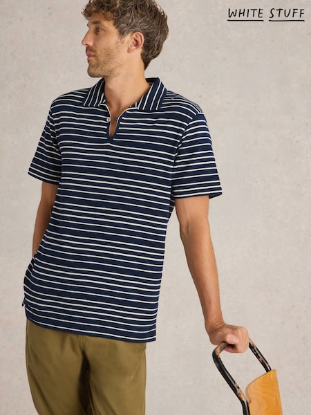 White Stuff Blue Jacquard Stripe 100% Cotton Polo Shirt (F20611) | £38