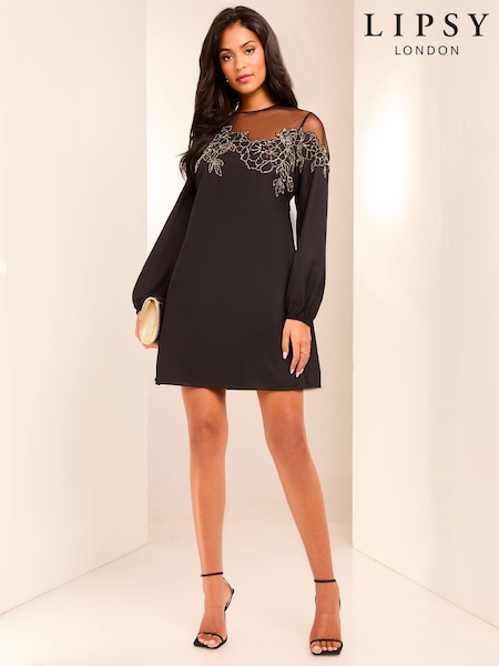 Lipsy Black Long Sleeve Hand Embellished Artwork Mini Shift Dress (F20700) | £82