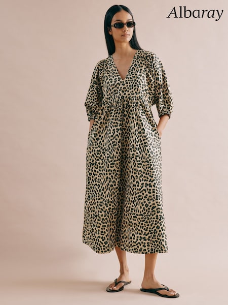 Albaray Animal V-Neck Brown 100% Cotton Midi Dress (F20960) | £110