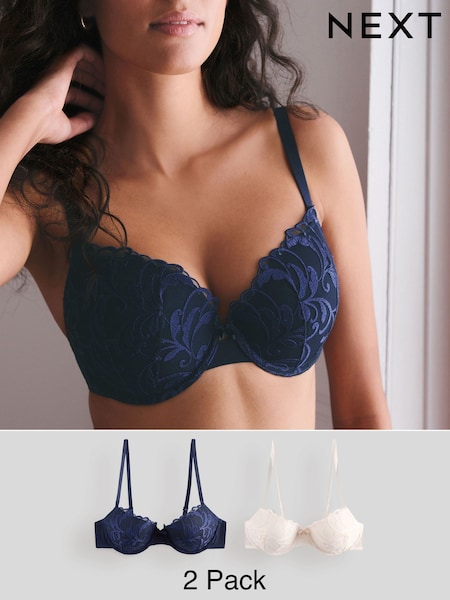Navy/Cream Push Up Pad Balcony A-E Embroidered Bras 2 Pack (F21039) | £28