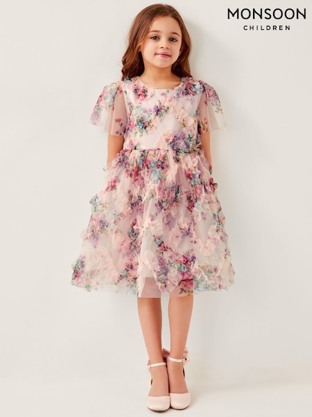 Monsoon Pink Roma Floral Print Ruffle Dress (F21107) | £52 - £62