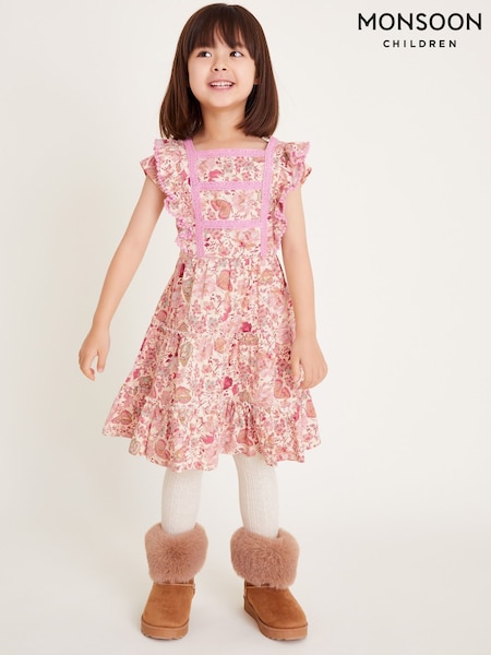 Monsoon Pink Floral Butterfly Print Short Sleeve 100% Cotton Jersey Dress (F21125) | £22 - £26
