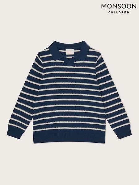 Monsoon Blue Stripe Knit 100% Cotton Polo Jumper (F21142) | £23 - £25