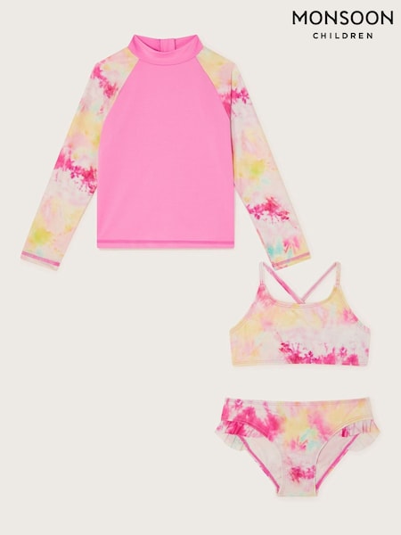 Monsoon Pink Tie Dye Long Sleeve Swim Top and Bikini Set (F21146) | £36 - £40