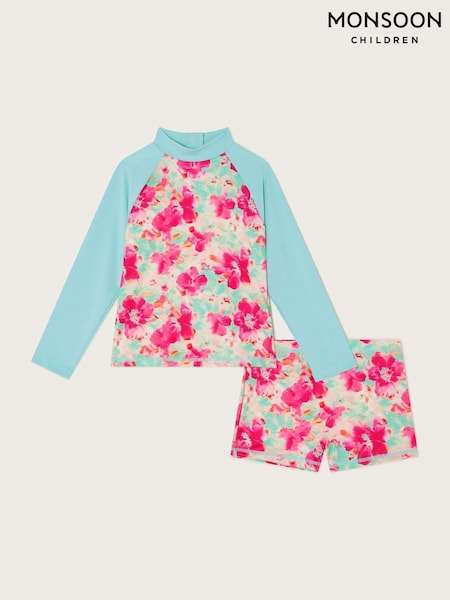 Monsoon Blue Tropical Floral Long Sleeve Swim Top and Shorts Set (F21164) | £28 - £32