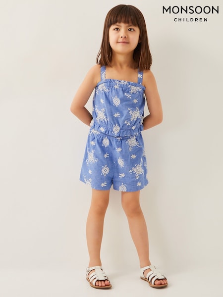 Monsoon Blue Strappy Broderie Chambray 100% Cotton Playsuit (F21167) | £24 - £28