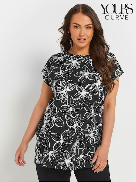 Yours Curve Black Grown On Sleeve 100% Cotton Top (F21220) | £20