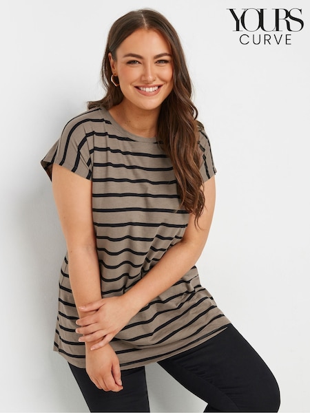 Yours Curve Brown Chrome Grown On Sleeve 100% Cotton Top (F21224) | £20