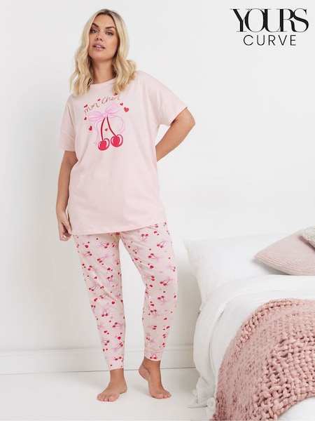 Yours Curve Pink Mon Cheri Bows Cuffed 100% Cotton Pyjamas Set (F21232) | £28