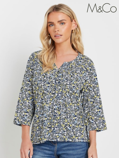 M&Co Blue 100% Cotton Petite Ditsy 3/4 Sleeve Henley Top (F21296) | £24