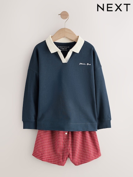 Navy/Burgundy Rugby Style Top and Woven Shorts Set (6-16yrs) (F21551) | £15 - £21