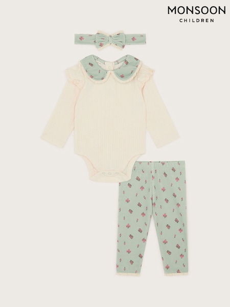 Monsoon Green Newborn Floral Bodysuit Leggings and Headband Set (F21743) | £28