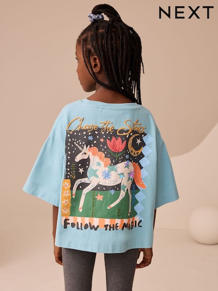 Teal Blue Sequin Boxy Unicorn Graphic Print T-Shirt (3-16yrs) (F22072) | £11 - £16