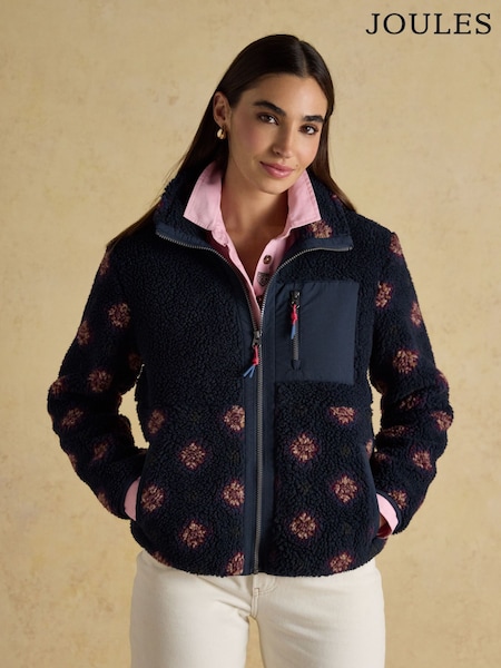 Joules Lottie Navy/Red Geometric Print Borg Fleece with Zip Fastening (F22127) | £79