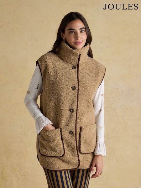 Sadie Taupe Longline Button Through Fleece Gilet (F22137) | £65