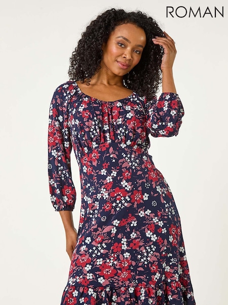 Roman Red Petite Gathered Floral Dress (F22281) | £42