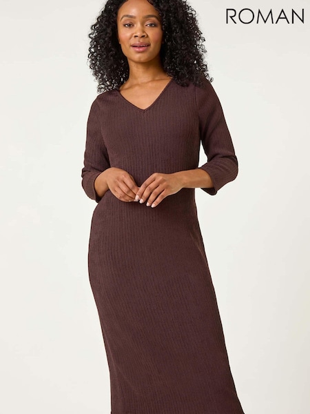 Roman Brown Petite Textured V-Neck Midi Dress (F22288) | £48