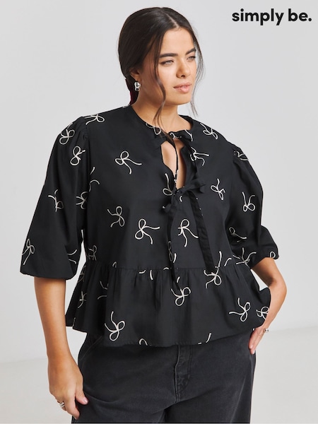 Simply Be Black Embroidered Bow 100% Cotton Top (F22328) | £36
