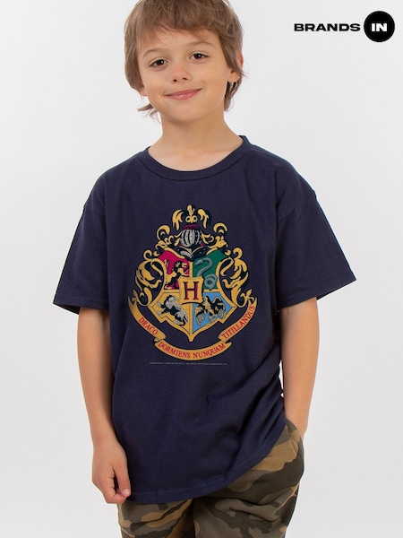 Brands In Blue Boys Harry Potter Hogwarts Crest 100% Cotton T-Shirt (F22348) | £20