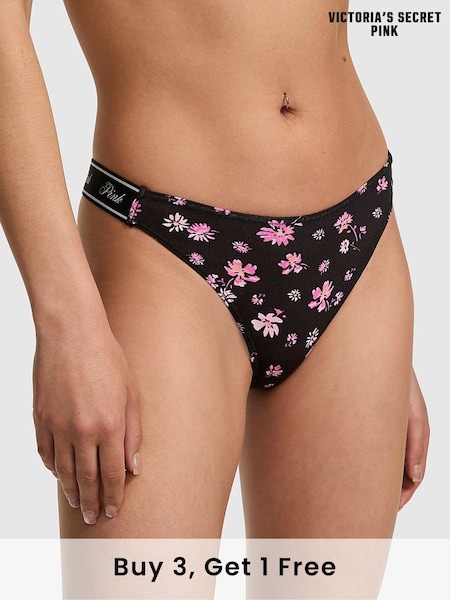 Victoria's Secret PINK Black Ditsy Floral Print Thong Cotton Logo Knickers (F22596) | £9
