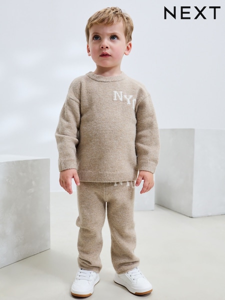 Neutral Knitted NYC Varsity Jumper and Joggers Set (3mths-7yrs) (F22621) | £25 - £29