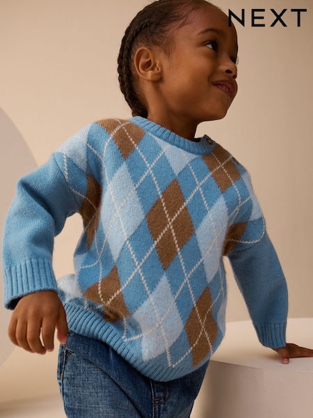 Blue Argyle Knitted Crew Neck Cotton Jumper (3mths-7yrs) (F22631) | £14 - £16