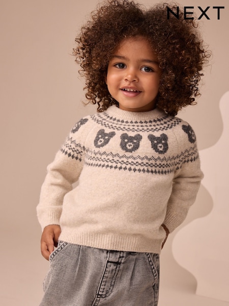 Neutral Bear Fairisle Pattern Knitted Crew Neck Jumper (3mths-7yrs) (F22646) | £14 - £16