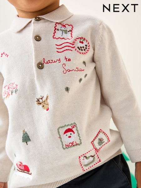 Cream All Over Embroidered Knitted Christmas Polo Shirt (3mths-7yrs) (F22649) | £15 - £17