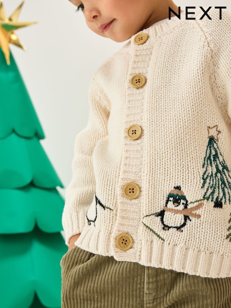 Cream Penguin Pattern Christmas Cardigan (3mths-7yrs) (F22651) | £18 - £22