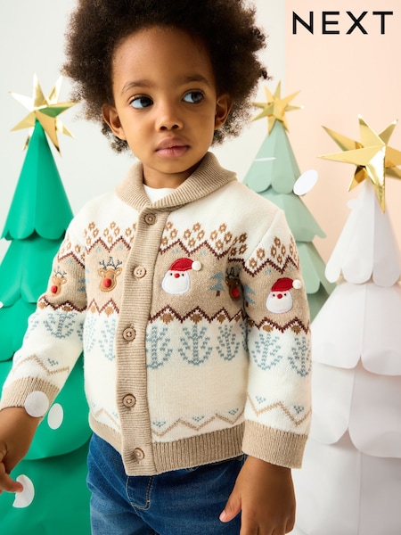 Neutral Fairisle Pattern Christmas Cardigan (3mths-7yrs) (F22653) | £18 - £22