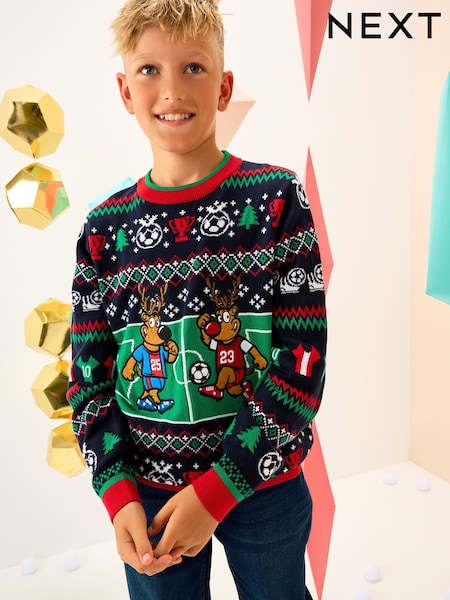 Multi Reindeer Football Christmas Jumper (3-16yrs) (F22667) | £18 - £23