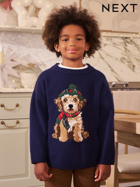 Navy Blue Dog Christmas Jumper (3mths-16yrs) (F22679) | £19 - £24