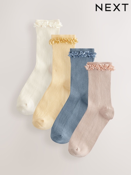 Neutral/Blue Satin Frill Trim Ankle Socks 4 Pack (F22689) | £12