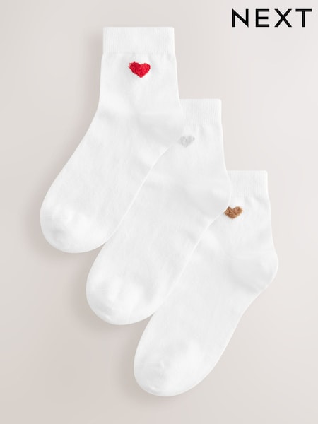 Ecru Fluffy Hearts Cropped Ankle Socks 3 Pack (F22698) | £8