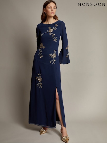Monsoon Blue Sarah Flute Sleeve Floral Sequin Maxi Dress (F22755) | £150