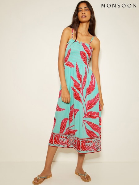 Monsoon Green Pamela Palm Print Midi Sundress (F22758) | £65