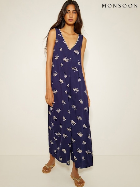 Monsoon Blue Briana Fan Print Wide Leg Jumpsuit (F22761) | £69