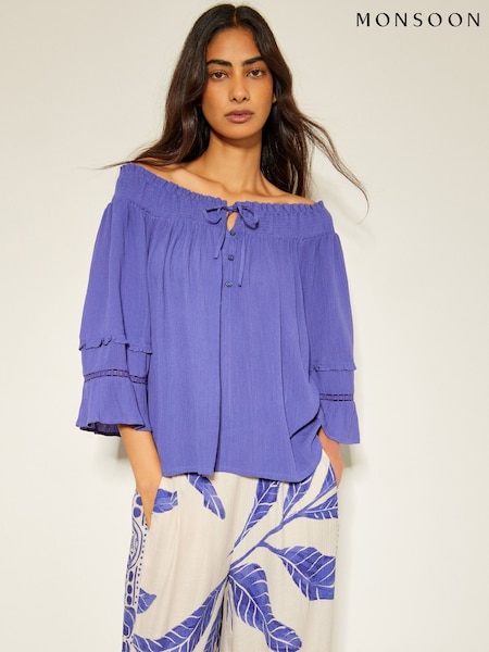 Monsoon Blue Ava Off The Shoulder Smock Top (F22768) | £45